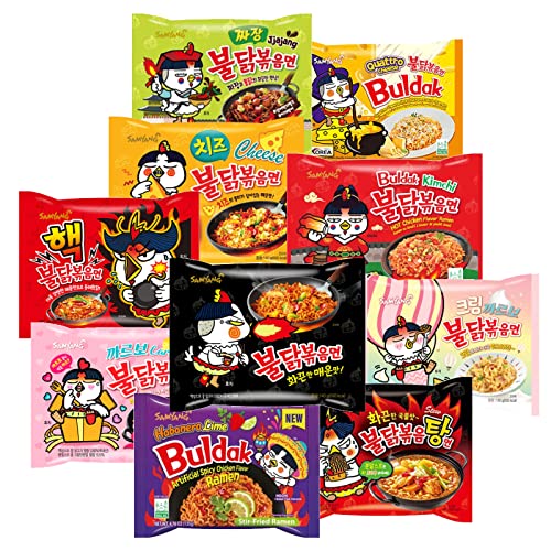 DYNAMART Samyang Buldak Chicken Stir Fried Ramen Korean Ramen (10 Flavor Combo, 10 Pack) 10 Different Flavor Spicy Chicken Noodle, Buldak Instant Noodle Variety Pack (Original, 2X Spicy, Carbonara,