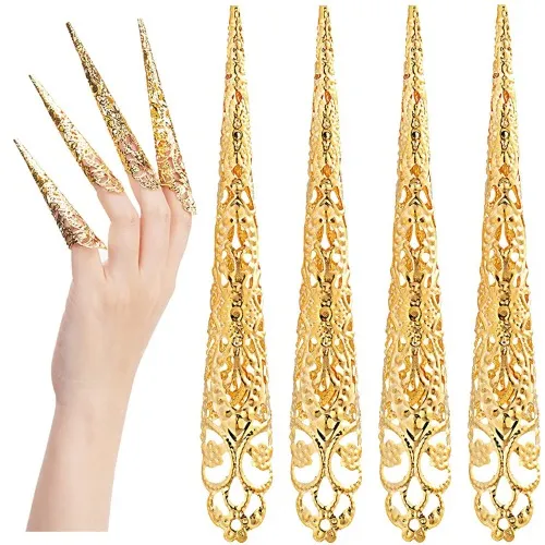 ANCIRS 10 Pack Finger Nail Tip Claw Rings, Ancient Queen Costume Fingertip Claw Nail Rings Decoration Accessory, Finger Knuckle Protectors for Halloween Cosplay Drama Dance Show- Golden Color