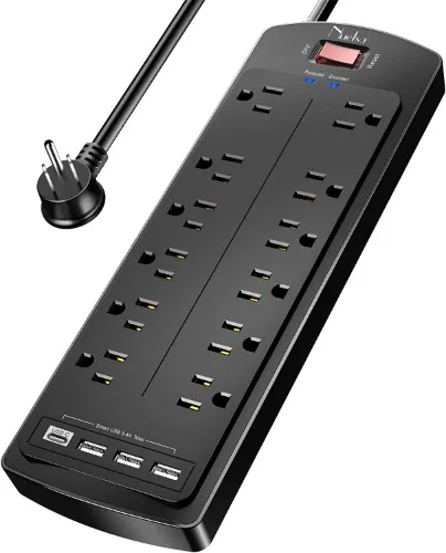 Power Strip , Nuetsa Surge Protector with 12 Outlets and 4 USB Ports, 6 Feet Flat Plug Extension Cord (1875W/15A) for for Home, Office, Dorm Essentials, 2700 Joules, ETL Listed (Black)