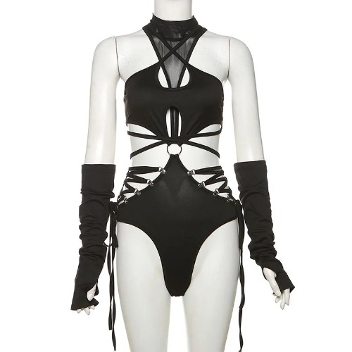 'Dark Twist' Mesh Hollow Cut Out Clubbing Cosplay Goth Bodysuit - black / L