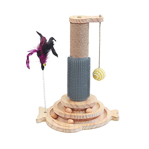 Marchul 5 in 1 Cat Toys, Cat Sisal Rope Scratching Post with Hanging Ball, Interactive Track Toy Ball for Cat with Springy Feather, Cat Massaging Scratch Post for Indoor Playing - fishshape