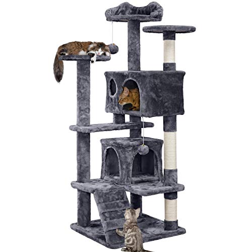 Yaheetech 138.5cm Cat Tree Tower Scratching Posts Multilevel Cat Climbing House with Condos & Ladder Cat Activity Centre for Indoor Cats, Dark Grey - 138.5CM - Dark Grey