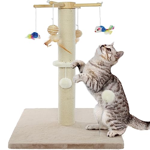 Kuoser 60cm Tall Cat Scratching Posts, Natural Cats Sisal Rope Scratch Pole with Soft Plush Base and Rotatable Interactive Toys, Vertical Cat Claw Scratcher for Small Medium Cats, Easy to Assemble
