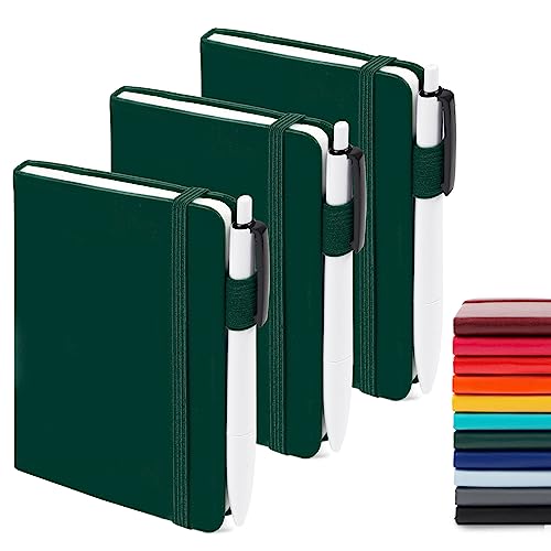 feela 3 Pack Pocket Notebook Journals with 3 Black Pens, A6 Mini Cute Small Journal Notebook Bulk Hardcover College Ruled Notepad with Pen Holder for Office School Supplies, 3.5”x 5.5”, Dark Green - A6 3 Dark Green