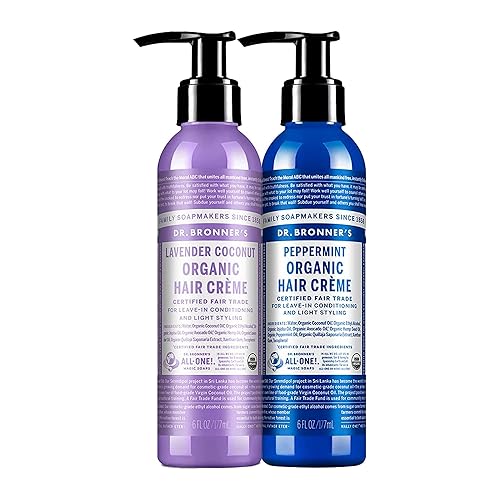 Dr. Bronner's - Organic Hair Crème (6 oz Variety Pack) Lavender Coconut & Peppermint - Leave-In Conditioner and Styling Cream, Made with Organic Oils, Hair Cream Supports Shine and Strength, Nourishes Scalp, Non-GMO | 2 Count