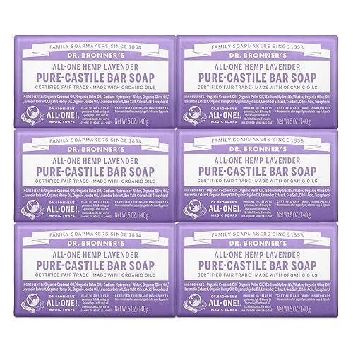 Dr. Bronner's - Pure-Castile Bar Soap (Lavender, 5 ounce, 6-Pack) - Made with Organic Oils, For Face, Body and Hair, Gentle and Moisturizing, Biodegradable, Vegan, Cruelty-free, Non-GMO - Standard Packaging