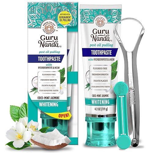GuruNanda Hydroxyapatite Toothpaste, SLS & Fluoride Free, Whitening Toothpaste - Freshens Breath, Fights Plaque - Natural CocoMint Jasmine Neem, 4.2oz - 4 Ounce (Pack of 1)