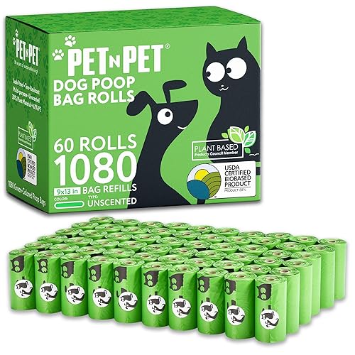 Pet N Pet 1080 Counts Green Poop Bags for Dogs, 38% Plant Based & 62% PE Extra Thick Dog Poop Bags Rolls, 9" x 13" Unscented Dog Bags for Poop, Doggie Poop Bags, Cat Poop Bags, Pet Waste Bags - Pea Green
