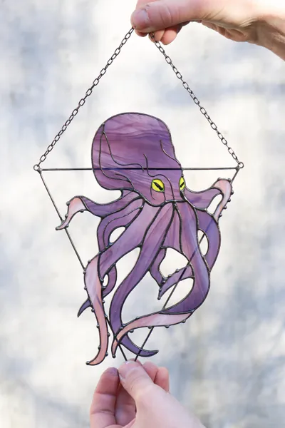 Purple Octopus Stained Glass Suncatcher. House Home Decor. Window Wall Hangings. Halloween Creepy Cling kraken tentacles