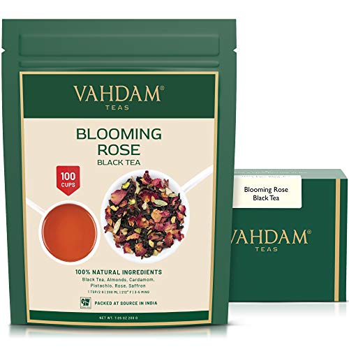 VAHDAM, Blooming Rose Tea (100 Cups) | Pure Black Tea Leaves, Rose Petals, Almond, Cardamom, Pistachio | DELICIOUS & AROMATIC Black Tea Loose Leaf | Vacuum Sealed Pack - Blooming Rose Black Tea