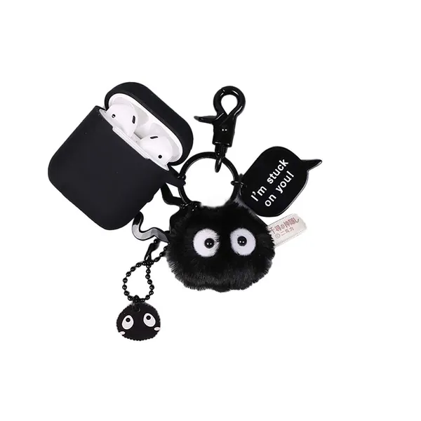 YJacuing Dust Bunny Soot Sprite Plush Keychain with AirPods 1 & 2 Protective Case Cover (Style B)
