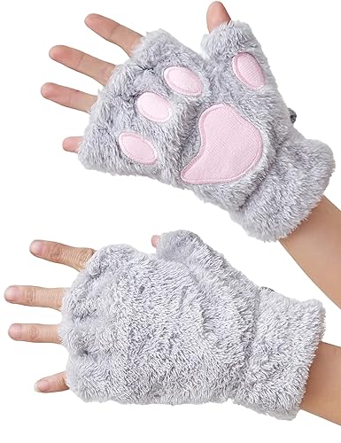 OTPEH Cat Paws Gloves Fingerless Bear Furry Paw Cute Hand Paw Gear Cosplay Costume Accessories - One Size - Grey