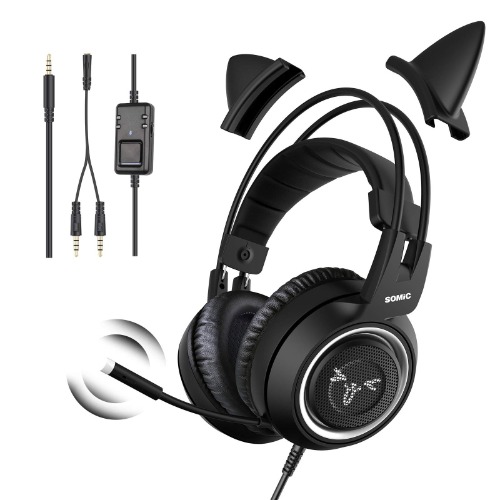 SOMIC G951S Casque de gaming avec micro pour Xbox One, PS4, iPhone, PC avec prise 3,5 mm boîtier de contrôle et oreilles de chat amovibles Rose