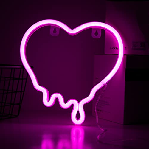 DWOOKE Neon Signs,Neon Heart Light Pink Neon Sign,Battery/USB Powered Neon Light Sign Melting Heart Neon Light Up,Wall Lights for Home,Valentine's Day,Christmas,Party - Pink-heart
