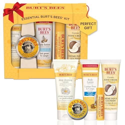 Burt's Bees Essential Gift Set, Lip Balm, Hand Salve, Body Lotion, Foot Cream & Face Cleanser, 5 Travel Size Products - 5 Piece Set - Essential Kit