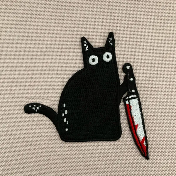 Urbanski Patch crazy black cat with knife to iron 7 x 7 cm | Patch Application Ironing Image
