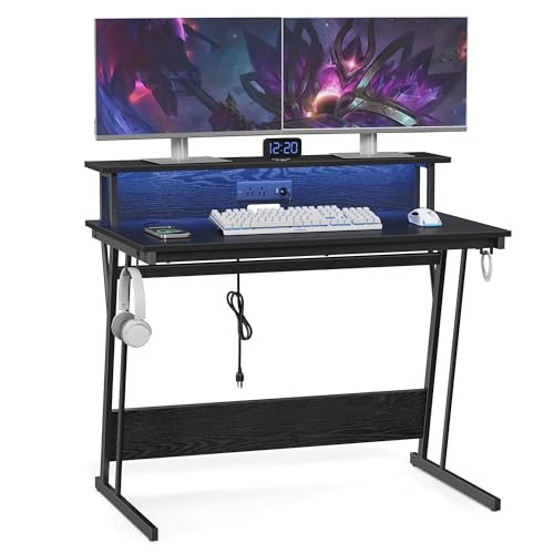 VASAGLE LED Gaming Desk with Power Outlets, Computer Desk with USB Ports, Office Desk with Monitor Stand for 2 Monitors, with Hooks, for Bedroom, 23.6 x 39.4 x 29.5 Inches Ebony Black ULWD091B56 - 39.4"W