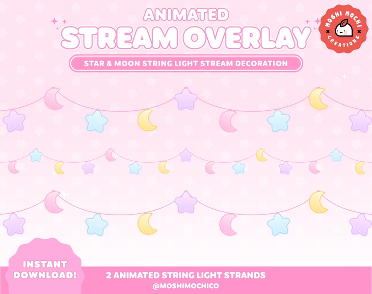 Star and Moon String Lights Stream Decoration, Animated Twitch Overlay, Custom, Cute Aesthetic, Stream Setup, Vtuber Asset, Cozy, Kawaii