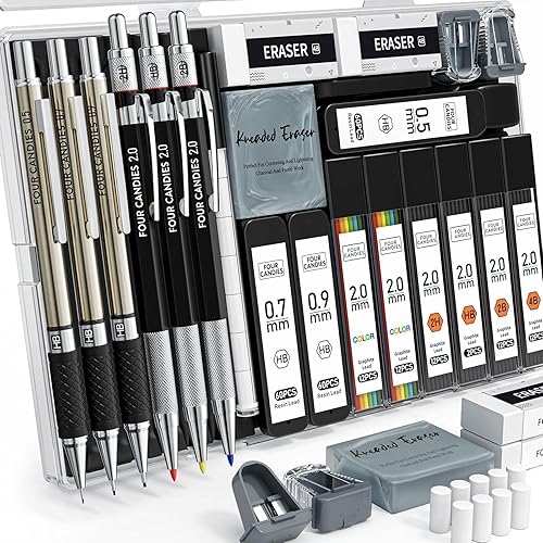 FourCandies 25PCS Art Mechanical Pencil Set with Case, 3PCS Metal Artist Lead Pencil 0.5, 0.7, 0.9 mm & 3PCS 2mm Lead Holder(HB 2H 2B 4B Color) with 432PCS Graphite Lead Refills for Drawing Sketching - 0.5mm+0.7mm+0.9mm+2.0mm