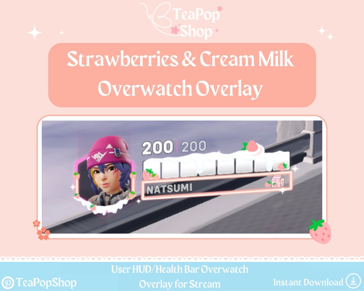 Strawberry Milk Health Bar User HUD Overwatch Overlay | Twitch Overlay | Pink | Mercy Twitch Overlay | Stream Screens | Cute Kawaii
