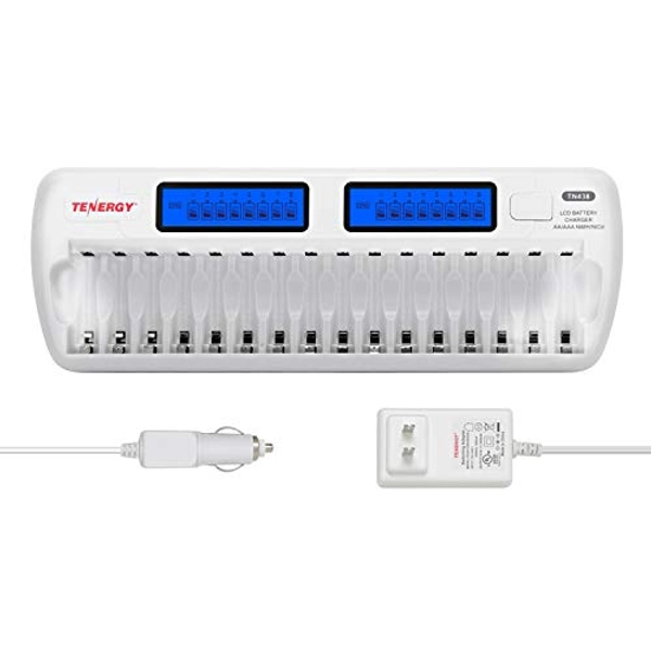 Tenergy TN438 16 Bay Battery Charger for AAA and AA Rechargeable Batteries, AA/AAA NiMH/NiCd Rechargeable Batteries Charger with AC Wall Adapter and Car Adapter