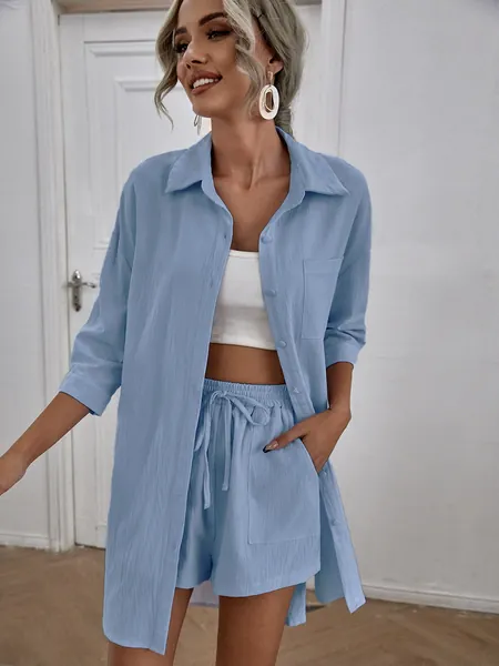 SHEIN EZwear Solid High Low Split Hem Shirt & Shorts