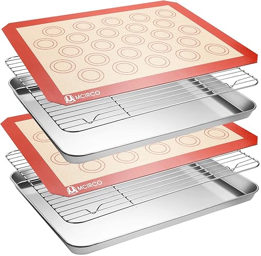 MCIRCO 6 Piece Stainless Steel Baking Sheet with Rack with Silicone Baking Mat Set (2 Pans + 2 Racks + 2 Mats), 17.3 x 13 x 1 Inch Cookie Sheet with Cooling Rack, Easy Clean - 17.3x13x1inch