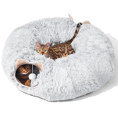Cat Tunnel with Cat Bed for Indoor Cats, Soft Plush Peekaboo Cat Cave Donut Tunnel, Multifunctional Cat Playground Toys Hideplace for Small Medium Large Cats, Kittens, Rabbit, Ferret (Grey) - GREY