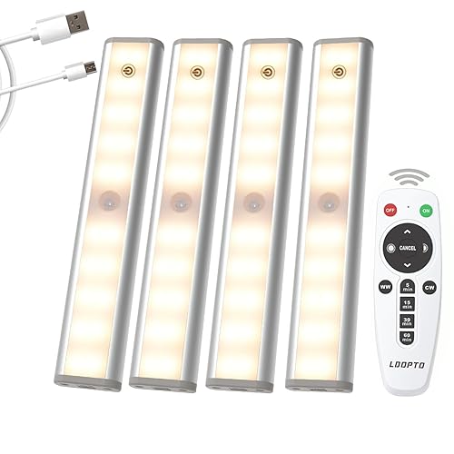 Under Cabinet Lights Wireless with Remote, USB Rechargeable LED Under Cabinet Lighting Closet Battery Operated Lights Without Wiring Night Light for Stairs, Wardrobe, Kitchen 4Pack, 3 Colors - 4 Pack