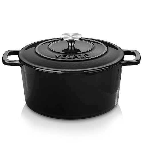 Velaze 6 QT Enameled Cast Iron Dutch Oven, Dual Handles Dutch Oven Pot with Lid,Heavy-Duty Non-stick Round Dutch Oven for Bread Baking, Stewing, Roasting, Good Sealing for All Heat Source (BLACK) - Black - 6QT-Round