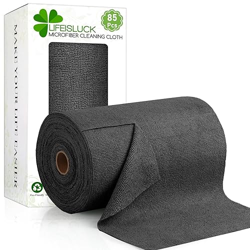 LifeisLuck 85 Pack Microfiber Tear-A-Towel Roll, 10" x 10" Microfiber Cleaning Cloths Reusable Washable Rags Multi-Purpose Kitchen Towels Super Absorbent for Car Glass Home Office Cleaning - Black - 85 pack