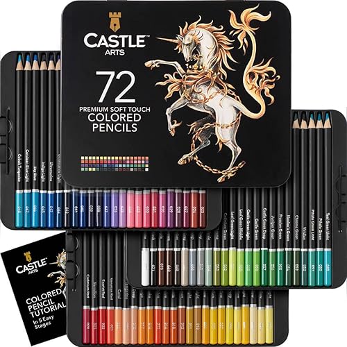 Castle Art Supplies 72 Colored Pencils Set | Quality Soft Core Colored Leads for Adult Artists, Professionals and Colorists | Protected and Organized in Presentation Tin Box - 1 Count (Pack of 72)
