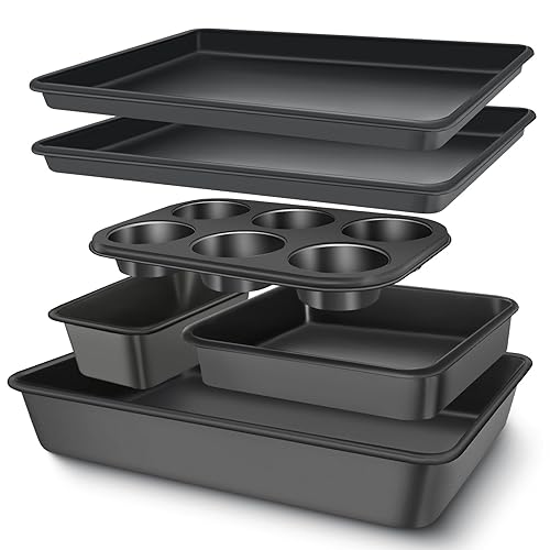 Baking Pans Set, Nonstick Bakeware Sets, Oven Pans for Cooking, AIVIKI 6 Pieces Baking Sheets Set Including Cookie Sheet, Deep Roaster Pan, Square Pan, Loaf Pan, Muffin Pan, Carbon Steel Baking Set - Dark Gray