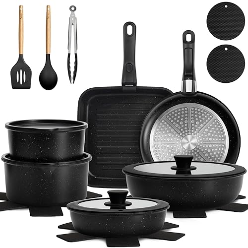 KIKCOIN 22 Pcs Pots and Pans Set Non Stick, Detachable Handle Cookware Sets Nonstick, Non Toxic Induction RV Kitchen Cooking Set with Removable Handles, Dishwasher/Oven Safe (Black) - Black - 22 Pack