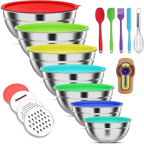 ENVTEK Mixing Bowls with Lids Set, 7 PCS Stainless Steel Mixing Bowls with 3 Grater Attachments, Size 4.5, 4, 3.5, 2.1, 1.5, 1.1, 0.7QT, Ideal for Kitchen Cooking Baking & Serving - Multicolor
