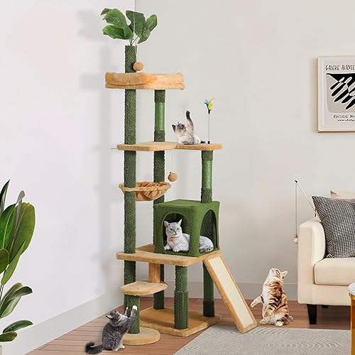 YITAHOME Tall Cat Tree Tower with Leaves for Indoor Cats, 72.8in Cute Cat Climbing Tower with Self-Grooming Brush, Cat Condo, Top Perch, Basktet, Sisal Scratching Posts and Board, Dangling Ball - Palm leaf-76in