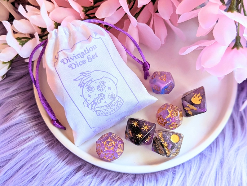 Divination Dice Set - Dice Throwing, Moon Phases, Numerology, Divination, Planetary, Zodiac, Tarot, Purple Dice, Purple Pink Dice
