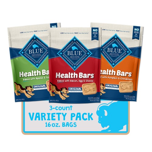 Blue Buffalo Health Bars Natural Crunchy Dog Treats Biscuits, Apple & Yogurt, Pumpkin & Cinnamon, and Bacon, Egg, & Cheese 16-oz Variety Pack, 3Ct - 1 Pound (Pack of 3)