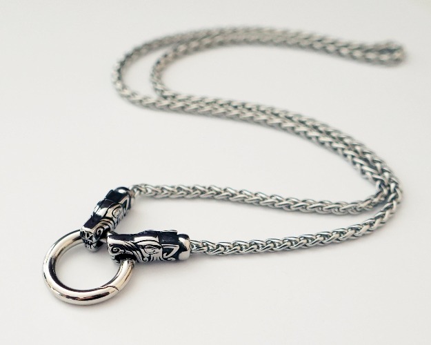 925 Sterling Silver, Brass, Stainless Steel Terminal Viking Wheat Chain 4 mm with Dragon Heads  and Rounded Spring Clasp 23 inches long | 925 Sterling Silver