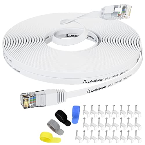 Cat 6 Ethernet Cable 50 ft (at a Cat5e Price but Higher Bandwidth) Flat 10Gbps Internet Network Cable - Cat6 Ethernet Patch Cable Short - White Computer LAN Cable + Free Cable Clips and Straps - White - 50ft