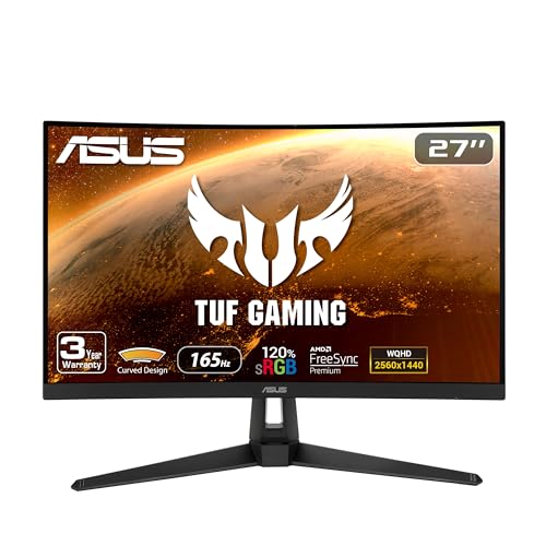 ASUS TUF Gaming 27" 1440P HDR Curved Monitor (VG27WQ1B) - QHD (2560 x 1440), 165Hz (Supports 144Hz), 1ms, Extreme Low Motion Blur, Speaker, FreeSync Premium, VESA Mountable, DisplayPort, HDMI, Black - 27" Curved QHD 1ms 165Hz FreeSync Premium