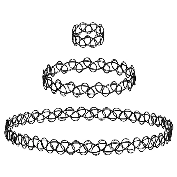 Expressions 3pc Assorted Tattoo Stretch Jewelry Collection - Black Tattoo Choker Necklace, Bracelet & Ring Set - Stretchy Tattoo Effect Jewelry Accessories For Kids And Adults