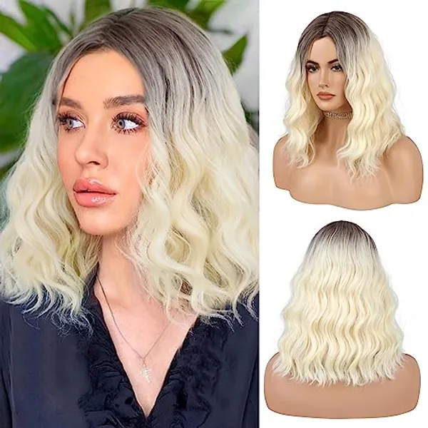 VCKOVCKO Ombre 2 Tone Color Curly Bob Wig With Air Bangs Natural Curly Wavy Short Bob Wigs Women's Shoulder Length Wigs Synthetic Cosplay for Girl Colorful Wigs(14",Black to Blonde)