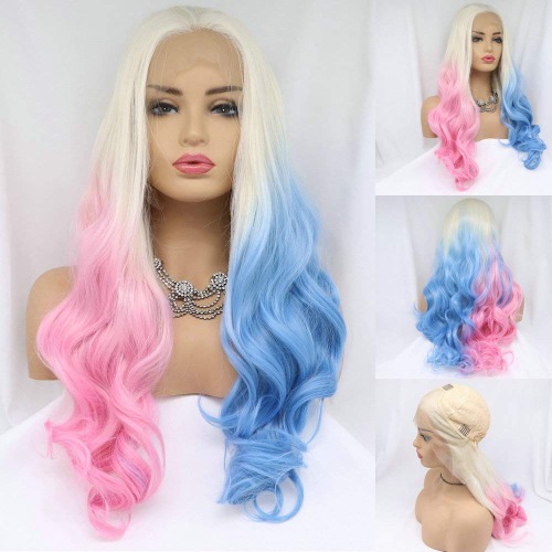 60 Blonde Ombre Half Pink/Half Blue Lace Front Wigs for Women Harley Quinn Wig Cosplay White Blonde Ombre Synthetic Realistic Looking Natural Wavy Ombre Wigs UK 22Inches Heat Safe (24")