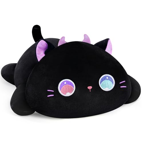 Mewaii Cute Cat Plush Pillow, Kawaii Plushies Purple Big Eyes Cat Stuffed Toys, Squishy Plushies, Cuddle Body Pillow for Kids & Girls - Purple Big Eyes Cat - 13 Inch