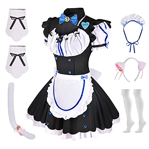 Linglong Anime Nekopara Vanilla Chocola Dress Apron Dress Maid Dress for Women Girl Halloween Costume - Blue - Small