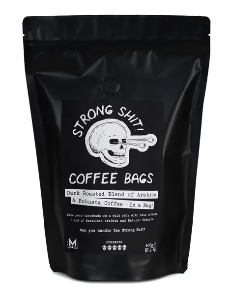 Moreish Coffee Roasters Strong Shit! Coffee Bags - Dark Roasted Blend of Arabica and Robusta (50 Coffee Bags)