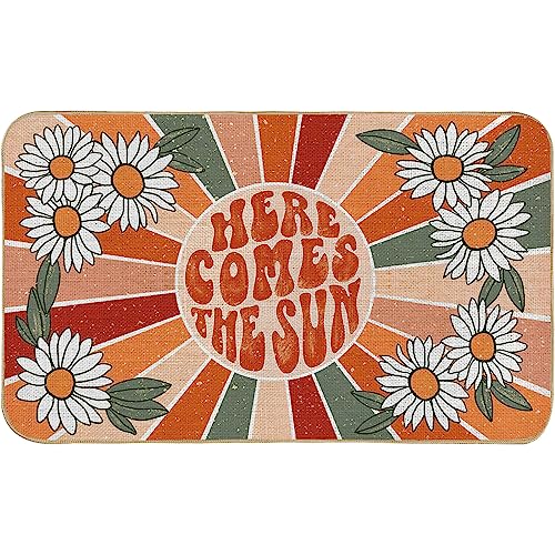 AnyDesign Retro Boho Doormat Vintage Daisy Front Door Mat Non-Slip Here Comes The Sun Decorative Flower Door Rugs Carpet Floor Mat for Indoor Outdoor Home Office Decor, 17 x 29 in