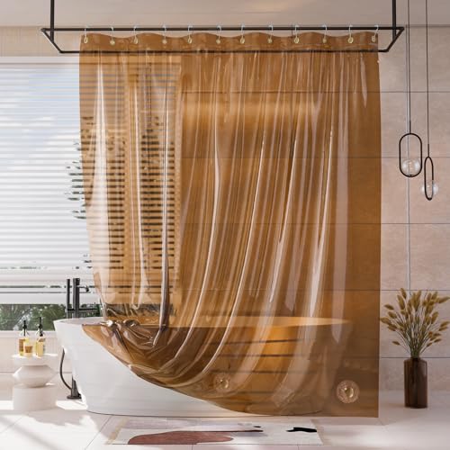 AmazerBath Shower Curtain Liner, 100% EVA Soft Clear Amber Heavy Duty Shower Curtain and Liner 2-in-1, 72x72 Luxury Plastic Weighted Bathroom Shower Liner, 12 Rustproof Grommets & 3 Heavyweight Stones - Rainbow Caramel Latte - 72"W*72"H