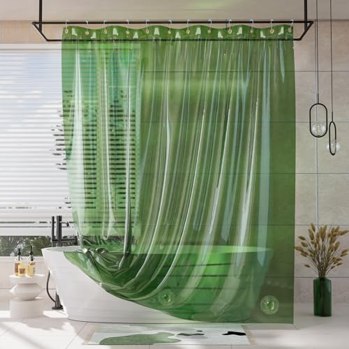 AmazerBath Shower Curtain Liner, 100% EVA Soft Clear Green Heavy Duty Shower Curtain and Liner 2-in-1, 72x72 Luxury Plastic Weighted Bathroom Shower Liner, 12 Rustproof Grommets & 3 Heavyweight Stones - Rainbow Emerald - 72"W*72"H